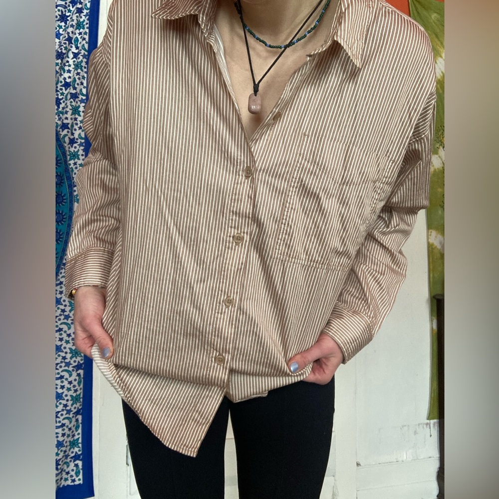 American Eagle Woman’s size Medium brown and white striped button down